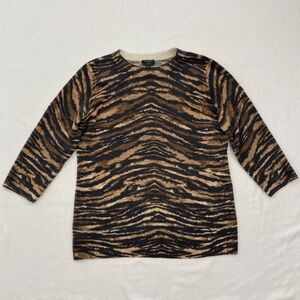 Talbots Sweater Womens Petite Large Brown Animal Print Cashmere 3/4 Sleeve Cozy